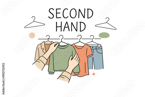 Person browsing second-hand clothing on hangers