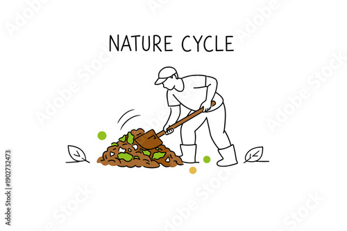 Illustration of person composting with shovel and leaves