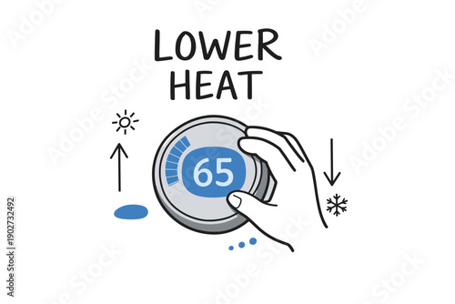 Hand adjusting thermostat to cool temperature with sun and snowflake symbols