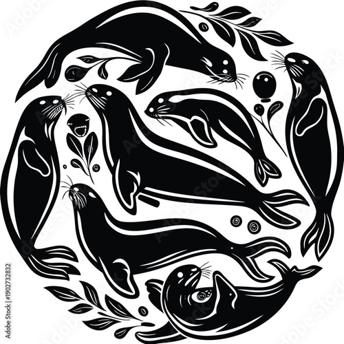 Circular composition of sea lion and seal silhouettes