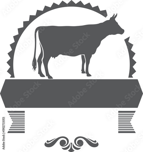 Farm logo with black cow silhouette. Organic meat badge
