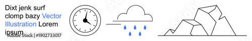 Weather forecasting, timekeeping, environmental awareness, geology, outdoor planning, nature science. Minimalistic clock, rain cloud and mountain. Weather forecasting and timekeeping concepts