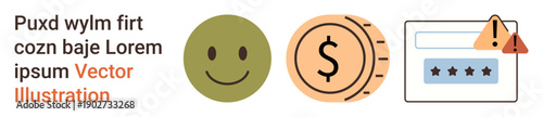 Personal finance, online safety, account security, user authentication, financial warning, risk management. happy face icon, dollar symbol password window with alert. Financial safety and online