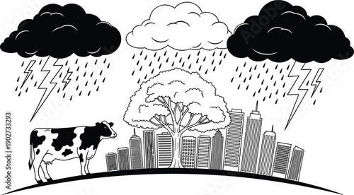 Black and white illustration of a rainy cityscape with dark clouds