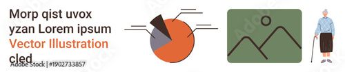 Analytics, media planning, demographics, elder care, data interpretation, social studies. A pie chart, an image placeholder icon and an elderly person. Analytics and media planning concept