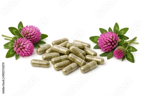 Red Clover herbal supplement capsules and Red Clover flowers isolated on white background 