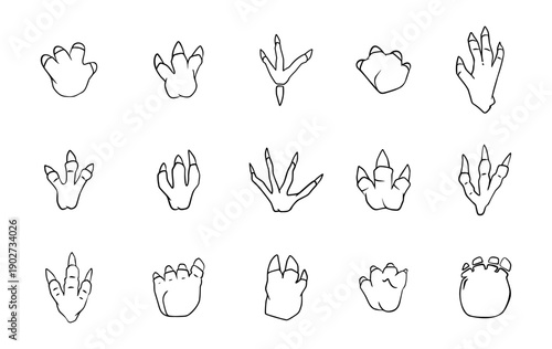 Dinosaur footprint collection. Vector isolated footsteps set of ancient fauna species. Beast paw prints. Prehistoric and paleontology animals tracks. Infographics or museum materials