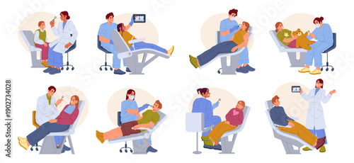 Dentists and patients in dental clinic. Vector doctors examining children and adults, holding Xray images and medical instruments. Stomatology and oral health care. Hygiene, diagnosis and treatment