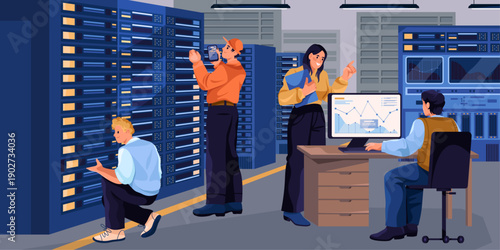 Team of IT professionals working in data center server room. Vector technicians and engineers managing network equipment, inspecting servers and monitoring system. Cybersecurity and cloud computing
