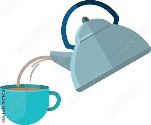 Pouring tea in mug. Hot steaming water cup