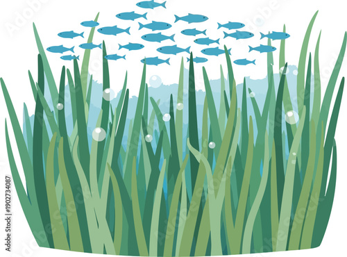 Deep sea underwater background with colorful marine plants, green seaweed, bubbles, and organic coral shapes in a flat vector style for aquatic nature and ocean design.