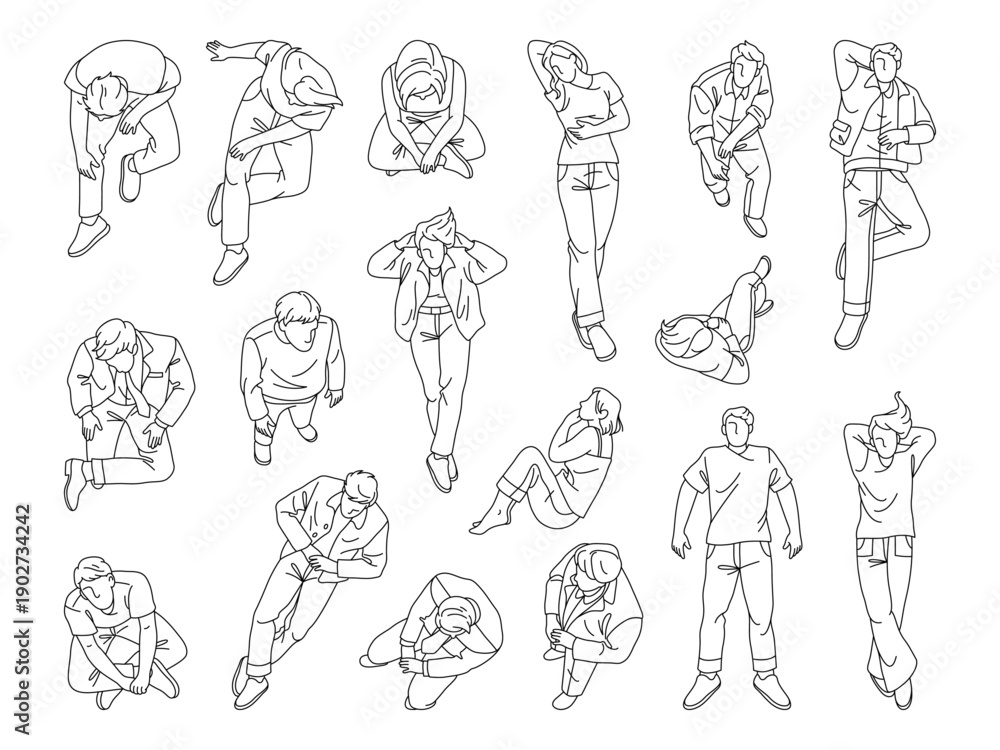 Fototapeta premium Contour people drawn with simple lines. Vector characters sitting, lying or leaning against surfaces, resting or waiting calmly. Sketch human with no faces. Relaxation and quiet moments in daily life