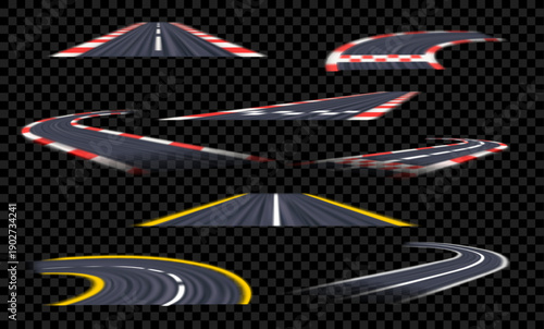 Dynamic race track elements with speed blur effects. Vector curves and straight roads set with glowing lines. Racing games and automotive ads, fast motion and digital sports projects