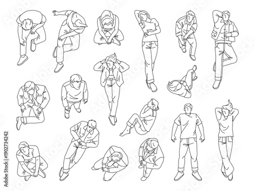 Contour people drawn with simple lines. Vector characters sitting, lying or leaning against surfaces, resting or waiting calmly. Sketch human with no faces. Relaxation and quiet moments in daily life