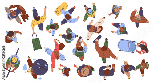 Men and women in motion, isolated set of cartoon characters strolling. Vector wandering and hurrying male and female personages. Crowd of citizens, people moving in different directions., top view