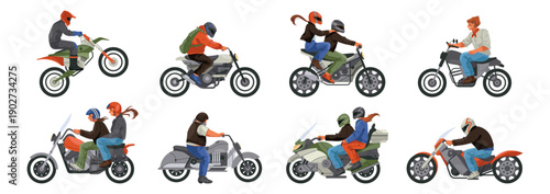 Riders on motorcycles moving in different poses and speeds. Vector motorcyclists in helmets on sport bikes outdoor. Travel or racing, motion and adventure. Freedom, sport and lifestyle