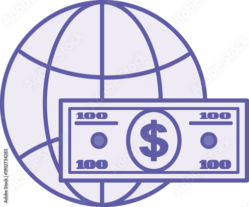 Colored Global Icon. Vector Illustration. Globe and Dollar Bill. Money, Currency, and Budget. Dollar Concept
