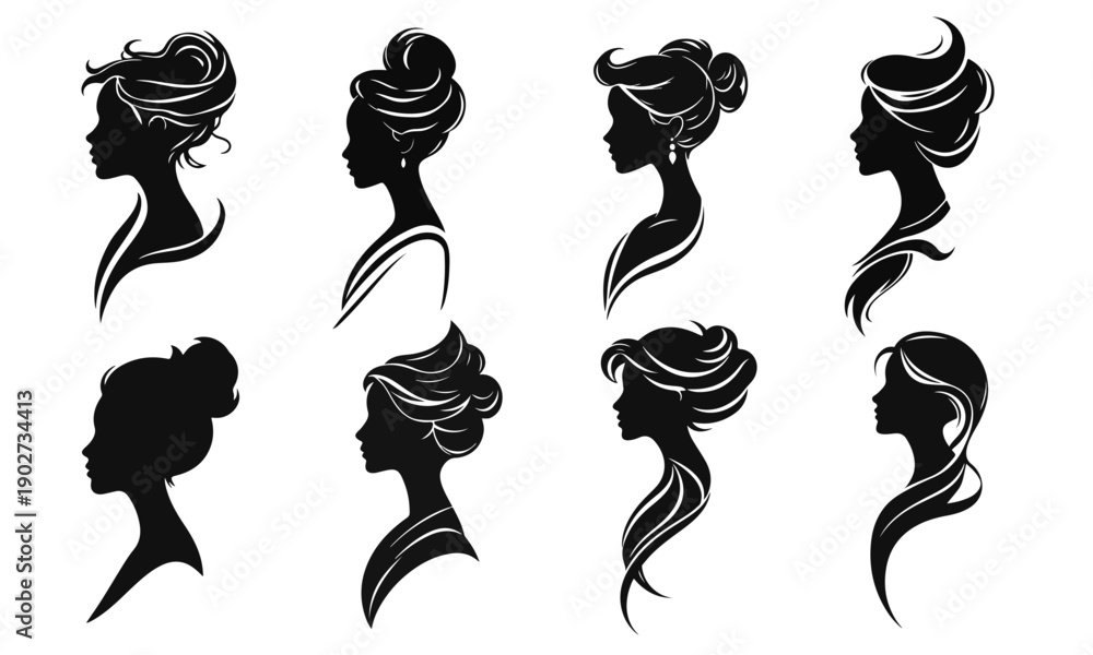 custom made wallpaper toronto digitalSet of eight elegant female silhouette profiles. Beautiful hair, woman face, elegant lady, fashion model, profile view. Vector isolated icons of ladies on white background