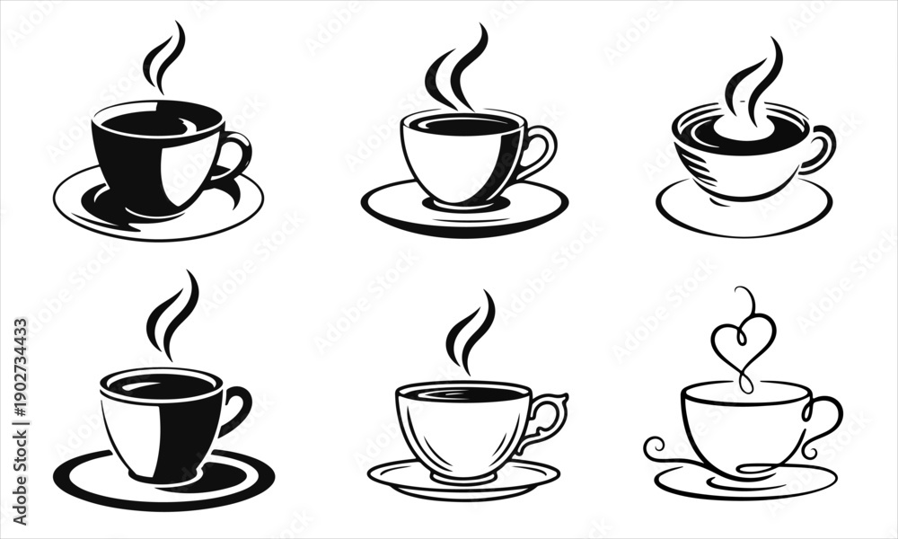 custom made wallpaper toronto digitalSet of coffee cup icons with steam. Hot drink, vector sketch, cafe icon, morning coffee, steaming mug. Simple black and white silhouettes of tea or coffee on saucers