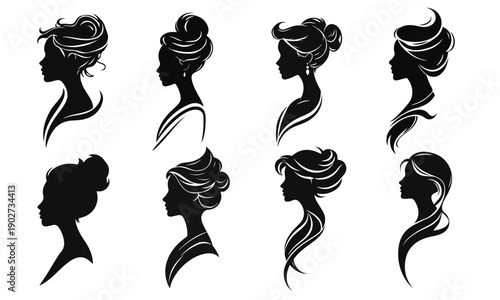 Wallpaper Mural Set of eight elegant female silhouette profiles. Beautiful hair, woman face, elegant lady, fashion model, profile view. Vector isolated icons of ladies on white background Torontodigital.ca