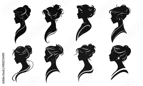 Wallpaper Mural Set of eight elegant female silhouette profiles. Beautiful hair, woman face, elegant lady, fashion model, profile view. Vector isolated icons of ladies on white background Torontodigital.ca