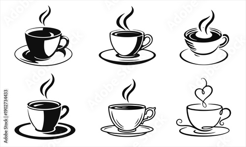 Set of coffee cup icons with steam. Hot drink, vector sketch, cafe icon, morning coffee, steaming mug. Simple black and white silhouettes of tea or coffee on saucers