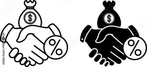 Commission Icons. Glyph and Line Vector Illustrations. Handshake, Bag of Money, and Interest Rate. Service Fee, Reward. Dollar Concept