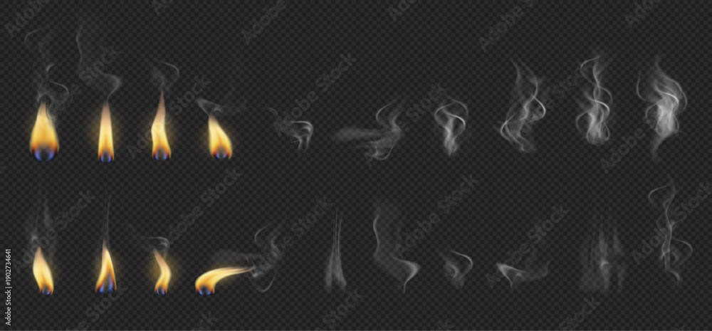 Fototapeta premium Candlelight glowing and illumination, isolated fire and flames with smoke. Vector candle burning on transparent background. Realistic candle light illuminating sparkle and glow