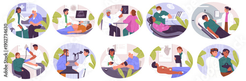 Doctors consulting patients during medical tests. Vector medical environment with modern equipment. Patient care, examination and diagnosis. Health checkups, clinical treatment in hospital