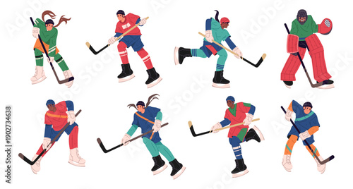 Hockey players skating on ice with stick in hands. Vector isolated set of cartoon characters wearing uniform and protective equipment. Motion, puck control and professional sports practice