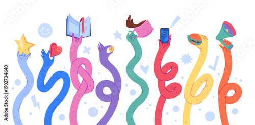 Long flexible comic hands holding different objects. Vector curved arms with star and heart, book and coin, coffee cup and phone, hamburger and speaker. Playful composition of motion and imagination