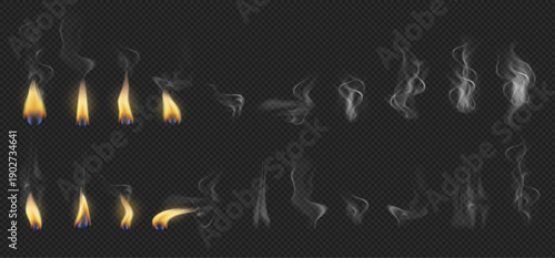 Candlelight glowing and illumination, isolated fire and flames with smoke. Vector candle burning on transparent background. Realistic candle light illuminating sparkle and glow