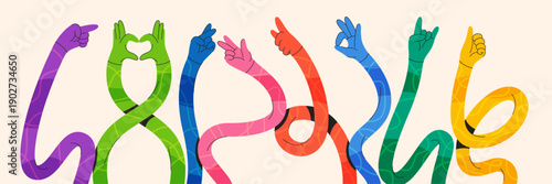 Flexible cartoon hands forming playful hand signs. Vector collection of long bendy curved arms showing motion and gesture. Thumbs up and crossed fingers, hearts and rock, ok and peace signs