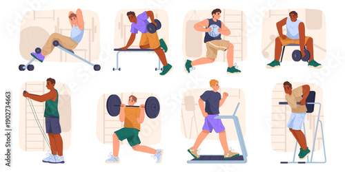 Fitness exercises and working out in gym. Vector cartoon characters using equipment for growing muscles and staying strong. Skipping rope and dumbbells, bike and orbitrek, ladder and machines