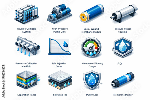 Vector reverse rejection permeate membrane pressure module ro vessel desalination icon set