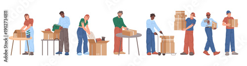 People packing, carrying and delivering cardboard boxes and parcels. Vector courier and delivery service with workers. Shipping, logistics and packaging, postal service and distribution