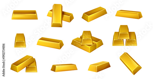 Financial assets and richness, isolated realistic golden bars set. Vector wealth and capital, deposit or saving up, earning and capitalization of interest. Banking symbol or good business