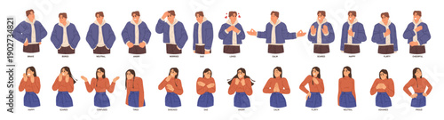 People expressing emotions. Vector in flat style of man and woman gesturing. Sad and happy personages, worried or uset girl. Loved and flirty boy. Teenagers socializing, gesturing and posing