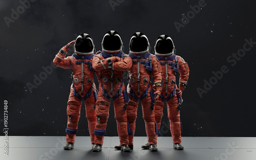 The four-person crew of the Artemis II mission stands ready for their historic lunar flyby in their orange OCSS suits, ready to return humanity to the Moon