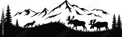 Mountain wildlife silhouette landscape, moose and wolf in alpine forest scenery, black nature vector illustration for wilderness and outdoor design