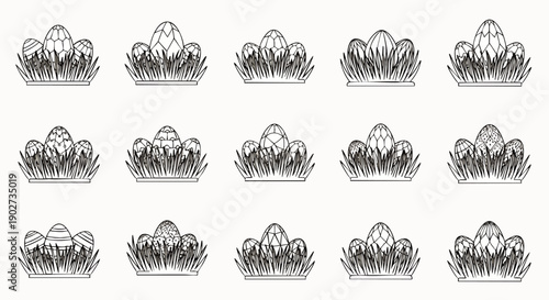 Collection of hand-drawn black and white Easter egg illustrations nestled in grass. Vintage style spring holiday design elements for decorative projects.