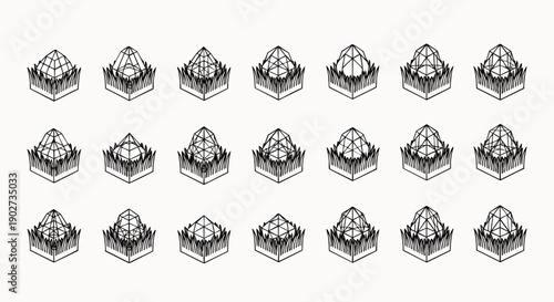 Isometric 3D architectural elements collection, intricate dome and roof designs in black and white line art, diverse building structure variations for modern design concepts.