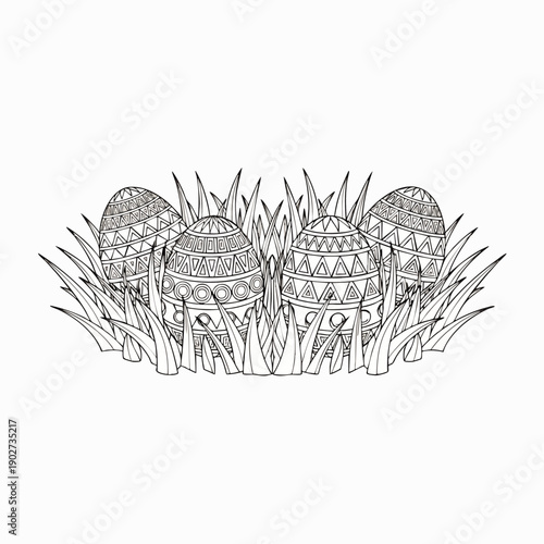 Black and white line art of four intricately decorated Easter eggs nestled in green grass, perfect for coloring books, spring holiday, and festive designs.