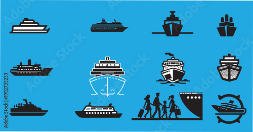 Vector icon set of ships and boats for marine and travel design