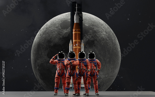 The four-person crew of the Artemis II mission stands ready in their orange OCSS suits in front of the Space Launch System rocket, set against the backdrop of a large Moon for their historic mission