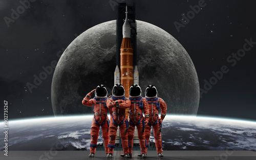 The four-person crew of the Artemis II mission stands ready in their orange OCSS suits in front of the Space Launch System rocket, set against the backdrop of a large Earth and the Moon