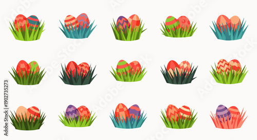 Collection of colorful Easter eggs hidden in green grass, festive spring holiday decoration, flat vector illustration