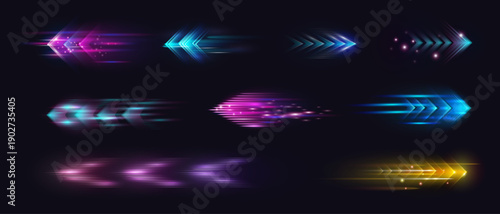 Neon arrows set with speed effect. Vector isolated collection of glowing motion pointing elements with blurred light trails. Gaming and technology, digital artwork or modern UI projects