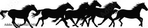 Running horse silhouettes panorama, wild horses galloping herd, black equine vector illustration for western, nature, and design projects