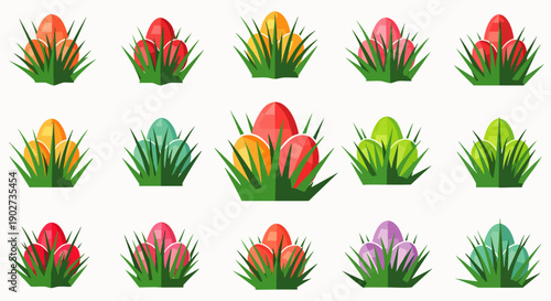 Collection of colorful Easter eggs nestled in green grass, flat design illustrations for festive spring celebrations